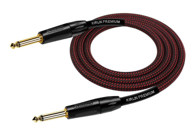 CABLE PARA INSTRUMENTO KIRLIN, TS 1/4 - TS 1/4, CAPA DE TELA ROJO RAYADO, PREMIUM PLUS, 6 METROS,