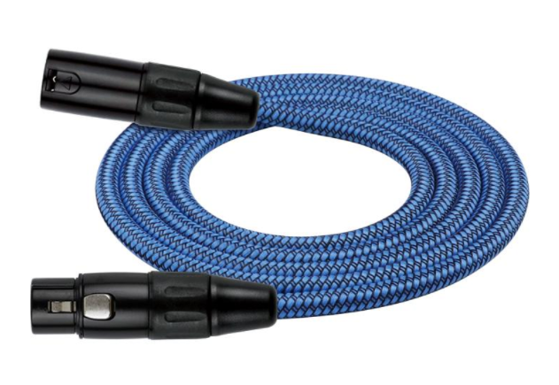 CABLE PARA MICROFONO KIRLIN, XLR MACHO - XLR HEMBRA, CAPA DE TELA AZUL RAYADO, 10 METROS