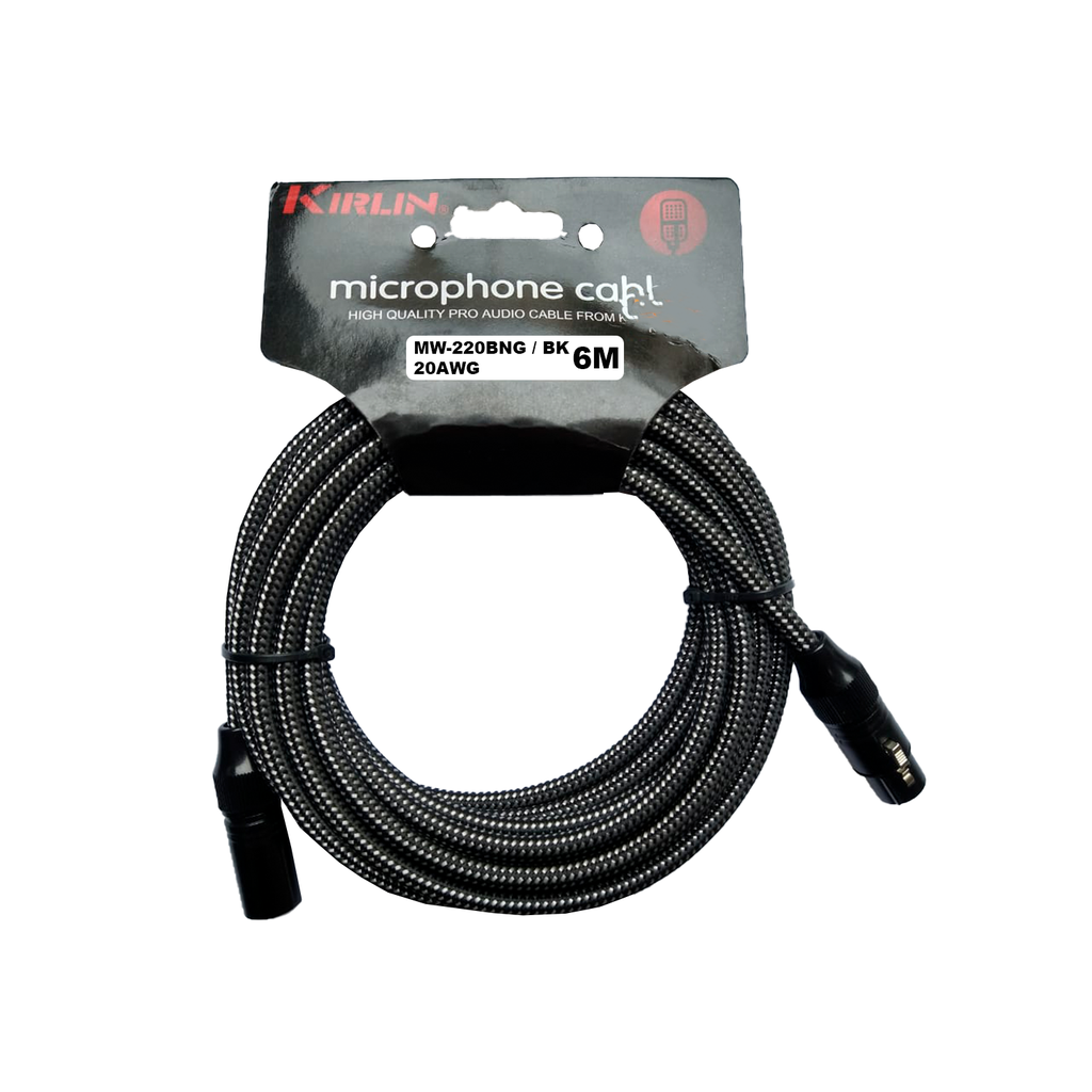 CABLE PARA MICROFONO KIRLIN, XLR MACHO - XLR HEMBRA, CAPA DE TELA NEGRO RAYADO, 6 METROS