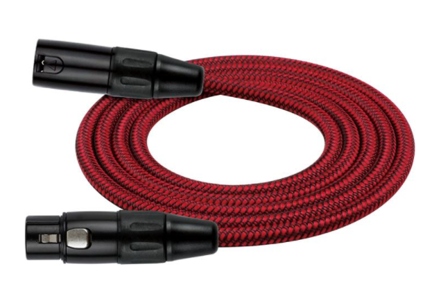 CABLE PARA MICROFONO KIRLIN, XLR MACHO - XLR HEMBRA, CAPA DE TELA ROJO RAYADO, 6 METROS
