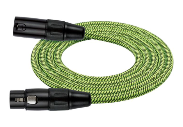 CABLE PARA MICROFONO KIRLIN, XLR MACHO - XLR HEMBRA, CAPA DE TELA VERDE RAYADO, 10 METROS