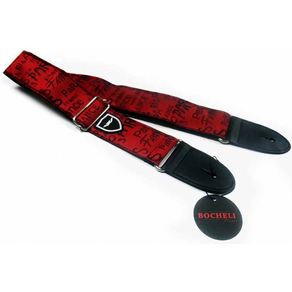 CINCHO BOCHELI, PARA GUITARRA/BAJO, ROJO, CON DISEÑO DE LETRAS NEGRAS