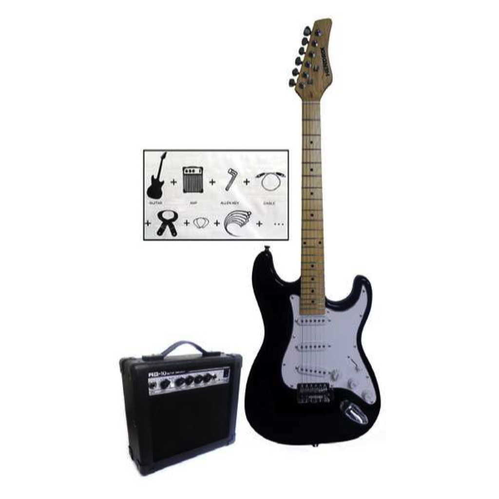COMBO GUITARRA ELECTRICA  HENDRIX, TIPO STRATOCASTER, INCLUYE: AMPLIFICADOR, ESTUCHE Y ACCESORIOS, NEGRO