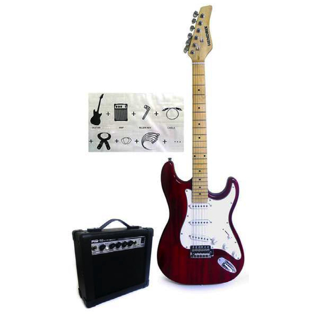 COMBO GUITARRA ELECTRICA  HENDRIX, TIPO STRATOCASTER, INCLUYE: AMPLIFICADOR, ESTUCHE Y ACCESORIOS, VINO TINTO