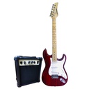 COMBO GUITARRA ELECTRICA  HENDRIX, TIPO STRATOCASTER, INCLUYE: AMPLIFICADOR, ESTUCHE Y ACCESORIOS, VINO TINTO