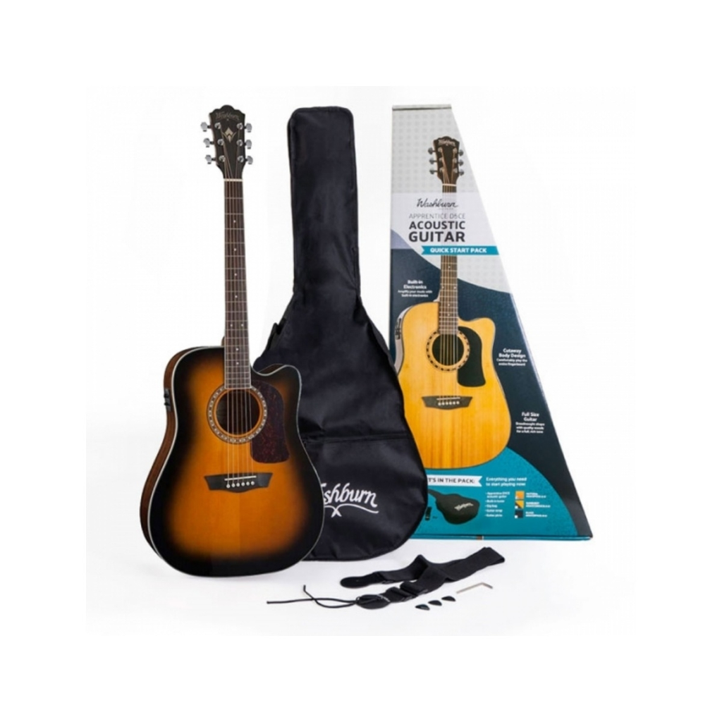 COMBO GUITARRA ELECTROACUSTICA WASHBURN, INCLUYE: ESTUCHE, CINCHO Y PUAS