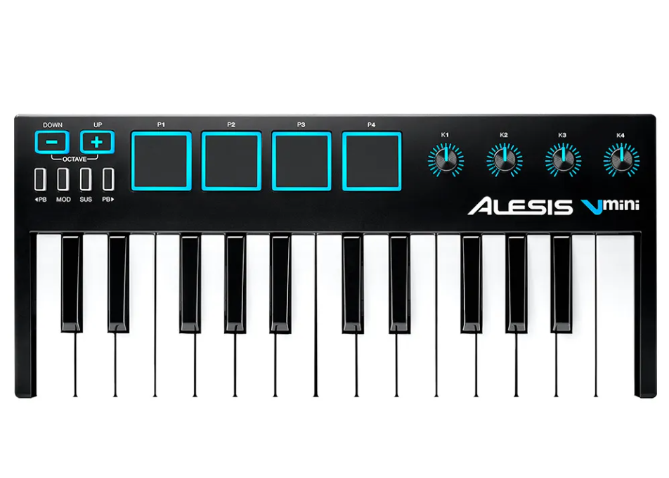 CONTROLADOR MIDI ALESIS. 25 TECLAS MINI, CON PADS Y PERILLAS COLOR NEGRO