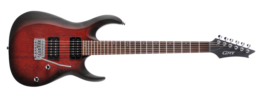 GUITARRA ELECTRICA CORT, ACABADO PORO ABIERTO, MADERA MERANTI, ARCE, JATOBA, ROJO SOMBREADOD, INCLUYE FUNDA