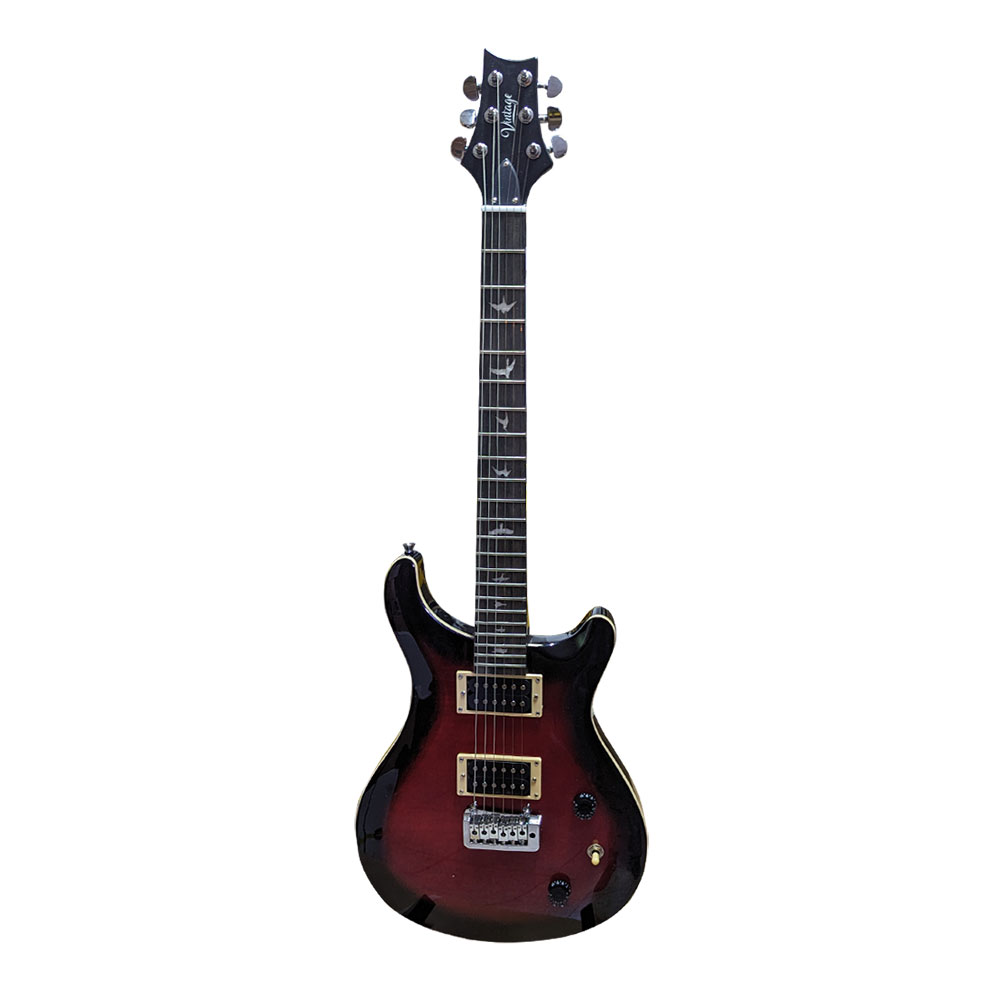 GUITARRA ELECTRICA VINTAGE, ESTILO PRS, ROJO SOMBREADO, DE 22 TRASTES, CON FUNDA