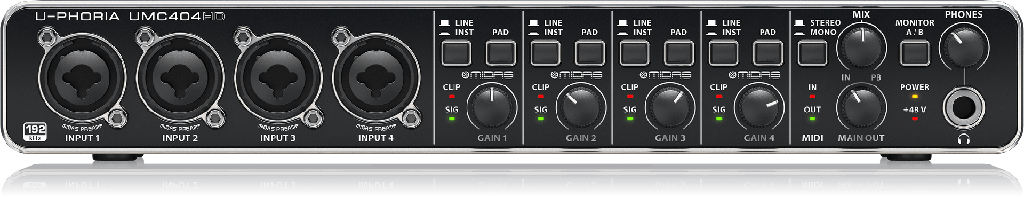 INTERFACE DE AUDIO U-PHORIA BEHRINGER, 4 ENTRADAS, 8 SALIDAS, CON PREAMPS MIDAS AUDIOPHILE 4X4 USB, 24BITS, 192KHZ