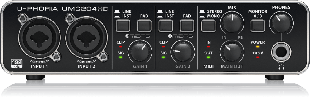 INTERFAZ DE AUDIO BEHRINGER, U-PHORIA AURIOPHILE 2X4, CON PREAMPS MIDAS, USB 24 BITS/ 192kHz