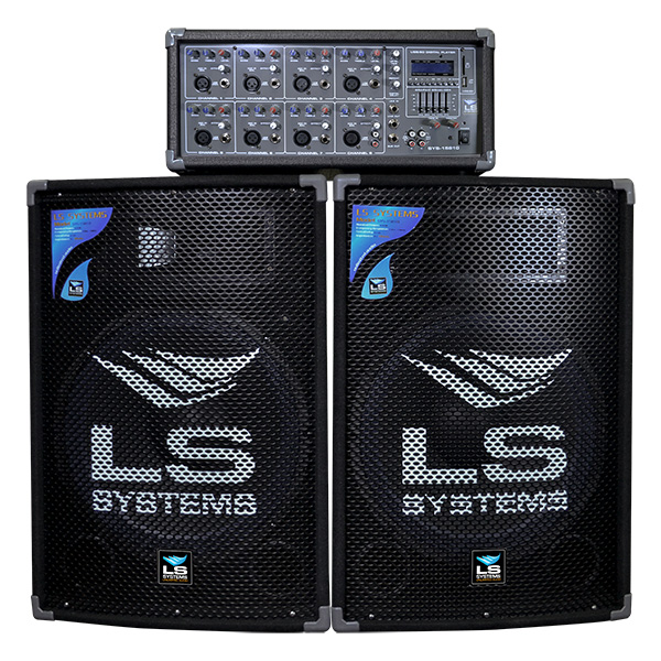 COMBO DE CABEZAL Y BOCINAS LS SYSTEMS, CABEZAL DE 8 ENTRADAS, 2 ALTAVOCES DE 1X15, PEDESTALES INCLUIDO, USB / SD, 500 WATTS, 4 OHMS