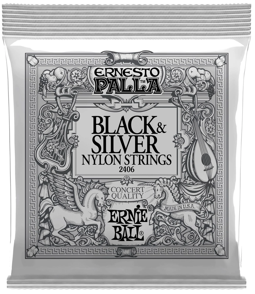 JUEGO DE CUERDAS ERNIE BALL, PARA GUITARRA CLASICA DE NYLON, TENSION NORMAL, NEGRO Y PLATA .010-54