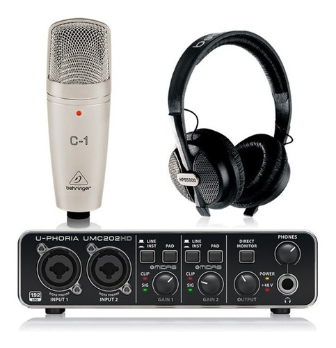 KIT DE INTERFACE DE AUDIO U-PHORIA STUDIO PRO BEHRINGER, INTERFAZ [UMC202HD], MICROFONO [C-1] Y AUDIFONOS [HPS5000]