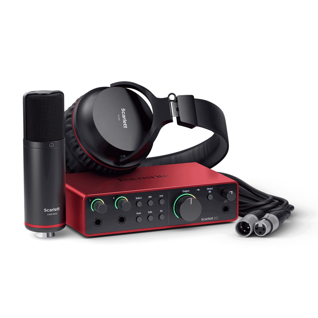 KIT DE INTERFAZ DE AUDIO FOCUSRITE, SERIE SCARLET 2i2 G4, MICROFONO CM25 MkIII, AUDIFONOS HP60 MkIII