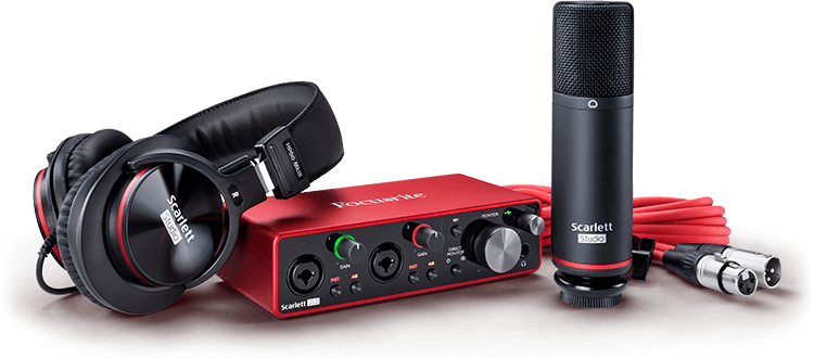 KIT DE INTERFAZ DE AUDIO SCARLETT FOCUSRITE, SCARLET 2I2, MICROFONO CM25 MkIII, AUDIFONOS HP60 MkIII