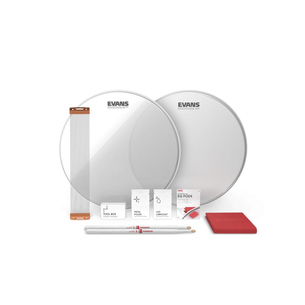 KIT EVANS, PARA REDOBLANTE, No 13, INCLUYE 1 PARCHES UV1, 1 SNARESIDE 300, 1 CHARLA, 1 PAR BAQUETAS ESPECIAL, 1 PAÑO, PODS