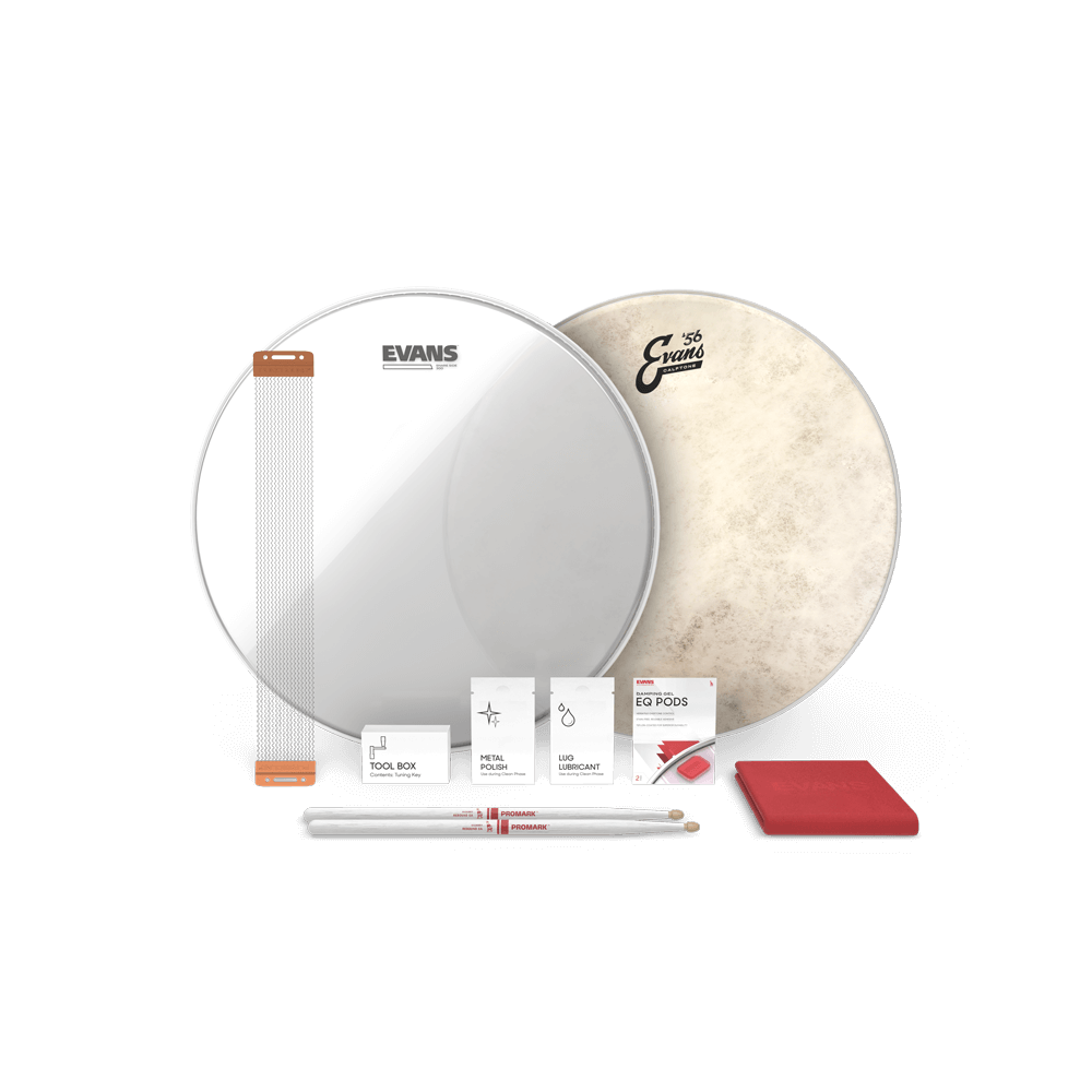 KIT EVANS, PARA REDOBLANTE, No 14, INCLUYE 1 PARCHES CALFTONE, 1 SNARESIDE 300, 1 CHARLA, 1 PAR BAQUETAS ESPECIAL, 1 PAÑO, PODS