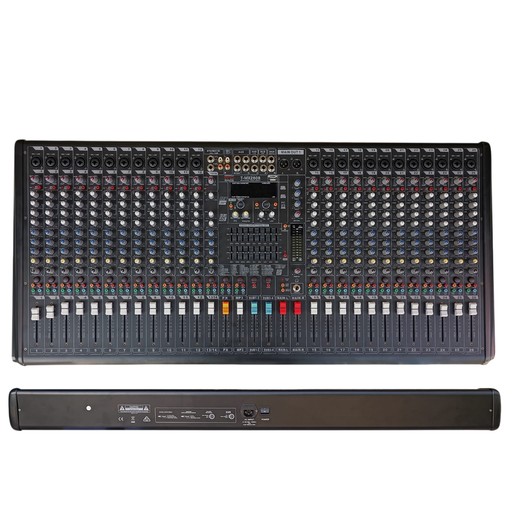 MECLADORA PASIVA PROSOUND, 26 CANALES ( 24 CANALES HIBRIDOS Y 2 CANALES TS ), 3 AUX RETORNOS, EQ GRAFICO, FX , USB MP3 Y REC