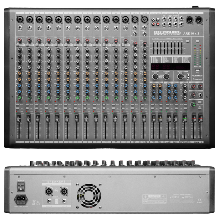 MEZCLADORA ACTIVA (CONSOLA AMPLIFICADA) LUXSOUND, 2X380 WATTS, 6 CANALES, EQ GRAFICO, FX, MP3/USB