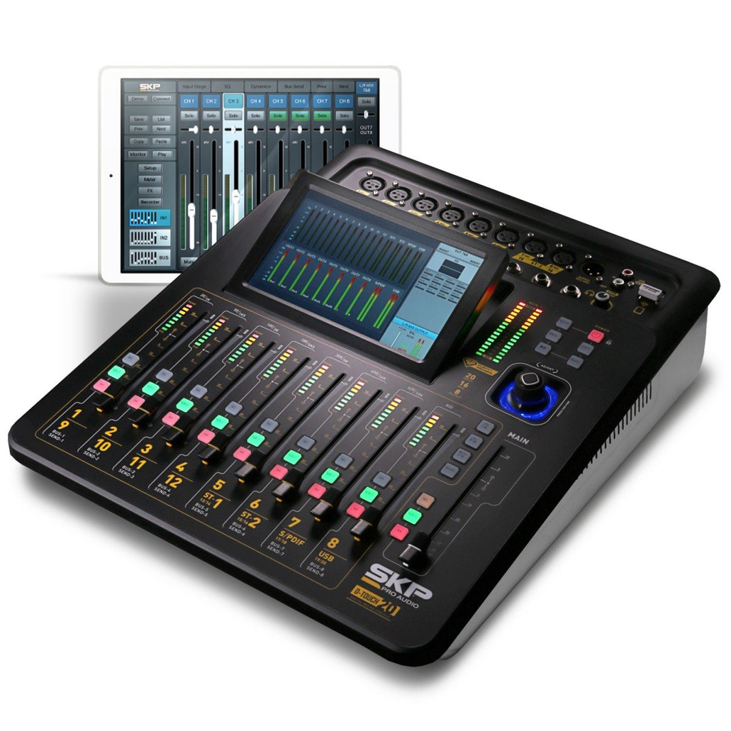 MEZCLADORA DIGITAL SKP, CON PANTALLA TOUCH, 20 ENTRADAS, 9 FADERS MOTORIZADOS, GRABADOR STEREO USB