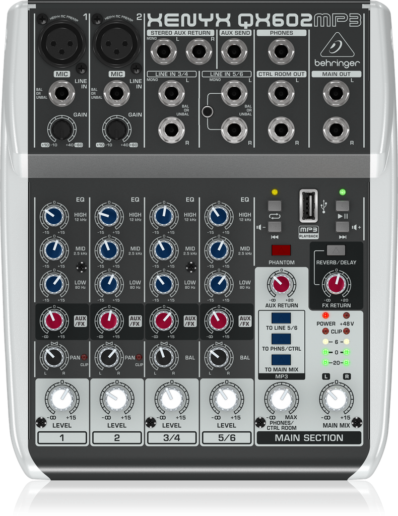 MEZCLADORA PASIVA BEHRINGER, XENYX, 6 ENTRADAS (2XLR) (2 STEREO) 2 BUSES, USB MP3, REVERB Y DELAY