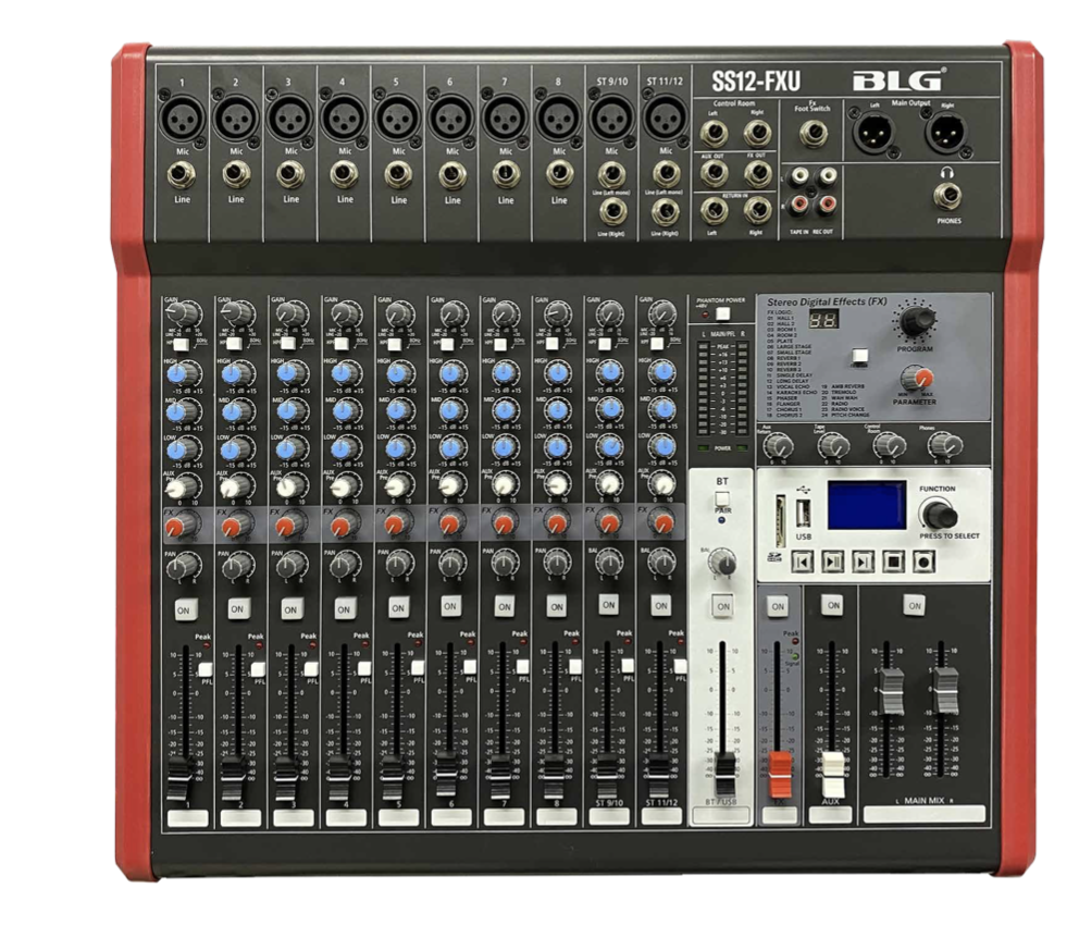 MEZCLADORA PASIVA BLG, 12 ENTRADAS XLR, DSP CON 24 FX, MP3/BT/USB/REC