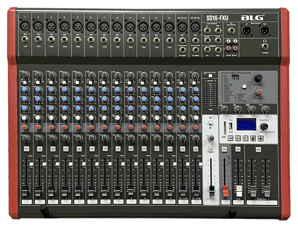 MEZCLADORA PASIVA BLG, 14 ENTRADAS XLR Y 2 ESTEREO, DSP CON 24 FX, MP3/BT/USB/REC