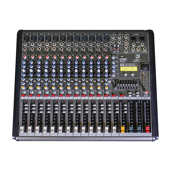 MEZCLADORA PASIVA LS SYSTEMS, 12 ENTRADAS (12 XLR/LINE) (2 STEREO), USB PLAYBACK, FX, ACUALIZADOR GRAFICO 9 BANDAS