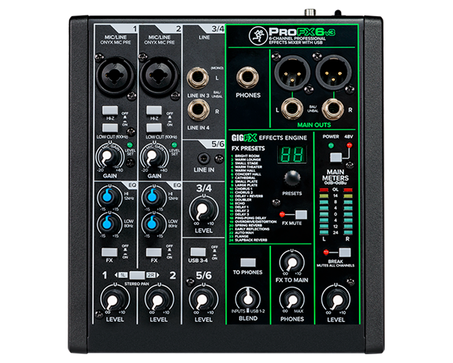 MEZCLADORA PASIVA MACKIE, 6 CANALES (2 HIBRYDO Hi-Z) (2 PLUG 1/4 STEREO) (1 PLUG 1/8), USB INTERFACE, PREAMP ONYX, PHANTON 48V+, 24 FX