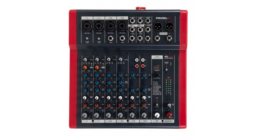 MEZCLADORA PASIVA PROEL, 10 CANALES (4 HIBRIDOS), FX, COLOR NEGRO Y ROJO