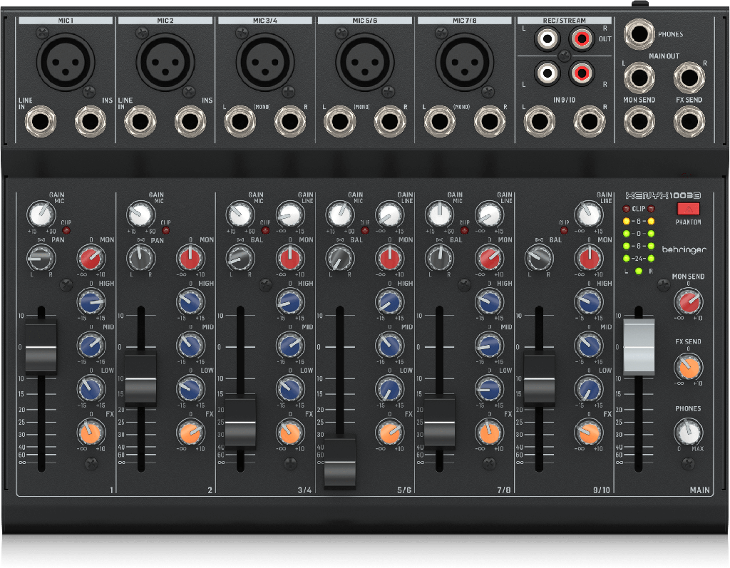 MEZCLADORA PASIVA XENYX BEHRINGER, 10 ENTRADAS (5XLR) 2 BUSES, OPCION DE USO CON BATERÍA 9V
