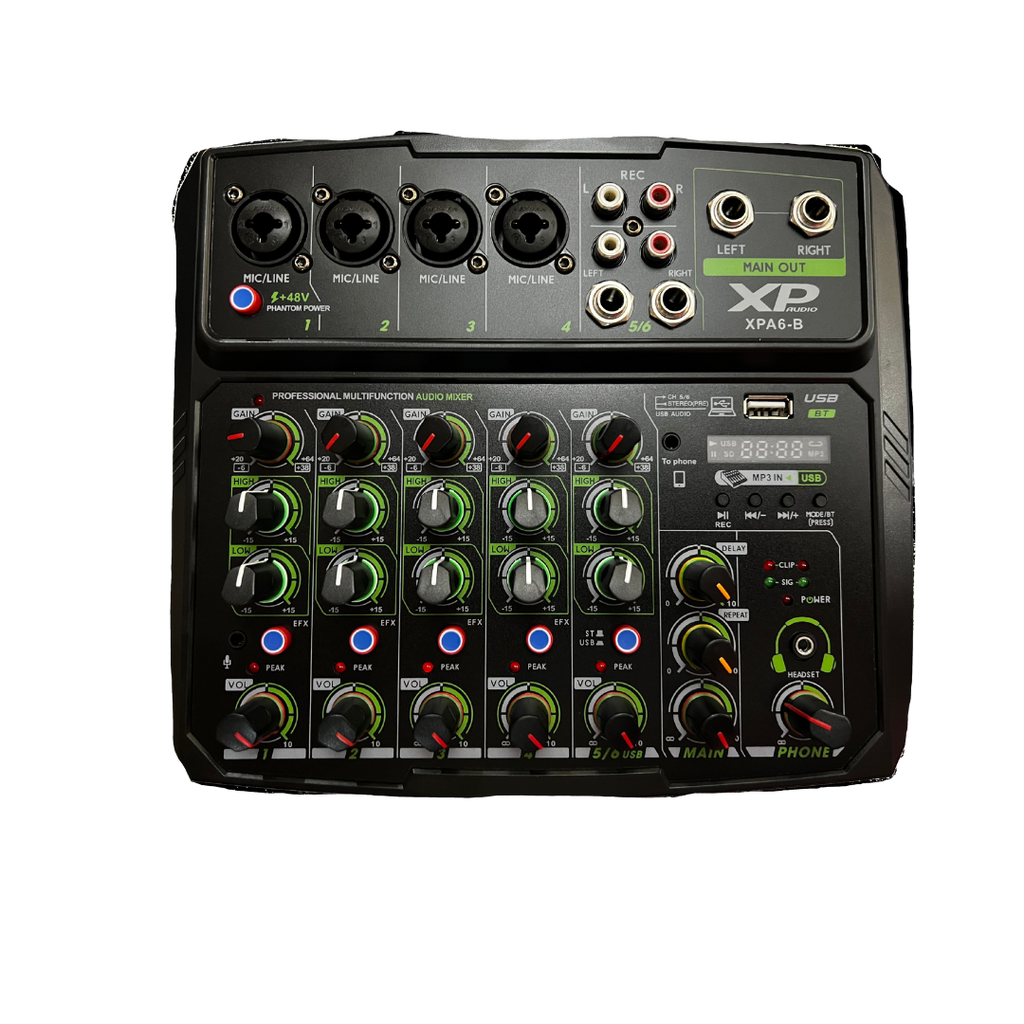 MEZCLADORA PASIVA XP PRO AUDIO, 6 ENTRADAS (4XLR) (2 STEREO), 1 SALIDA AUXILIAR, PHANTOM POWER, 16FX DSP, USB, INTERFACE, BLUETOOTH
