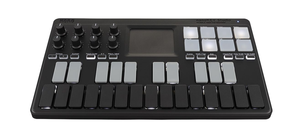 MINI CONTROLADOR MIDI KORG, MOVIL, 25 TECLAS ILUMINADAS, 8 PADS, 8 KNOBS, SWITCHES, USB/BLUETOOTH, NEGRO