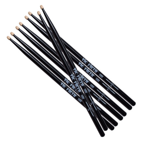 PAQUETE DE 4 PARES DE BAQUETAS AMERICAN CLASSIC VIC FIRTH, SERIE 5AB, MADERA HICKORY, PUNTA DE MADERA, COLOR NEGRO