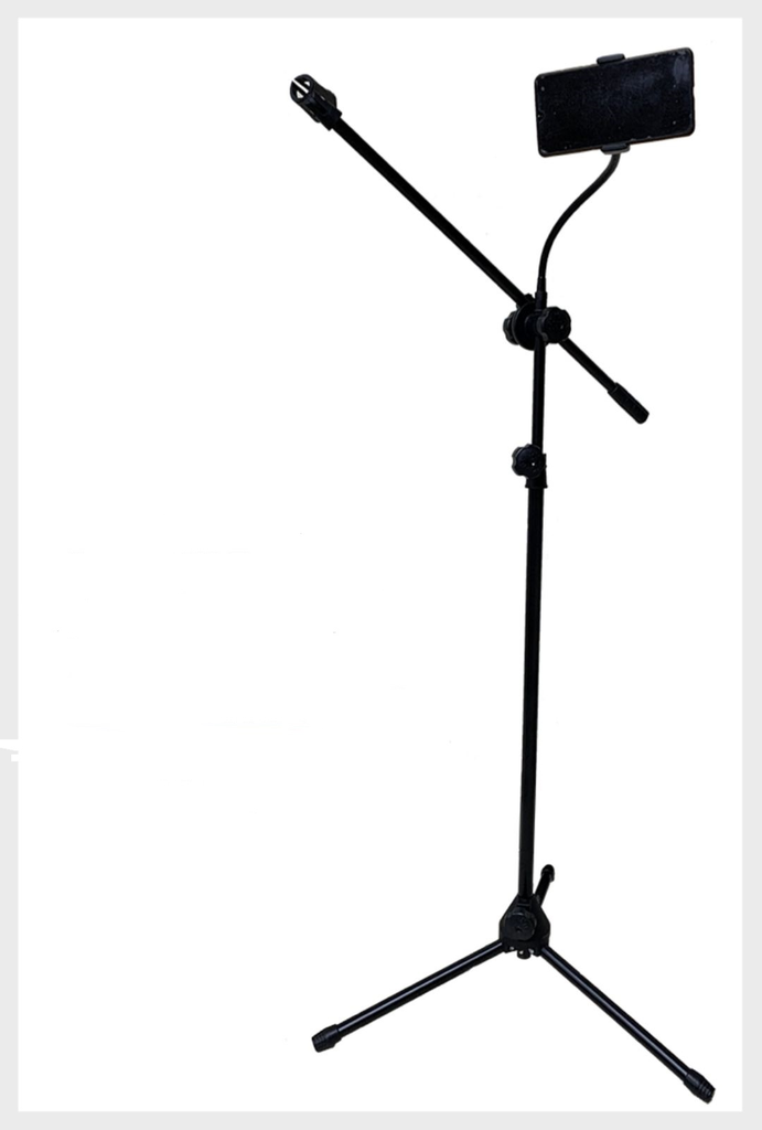PEDESTAL PARA MICROFONO GOLIAT, CON BASE PARA CELULAR, COLOR NEGRO