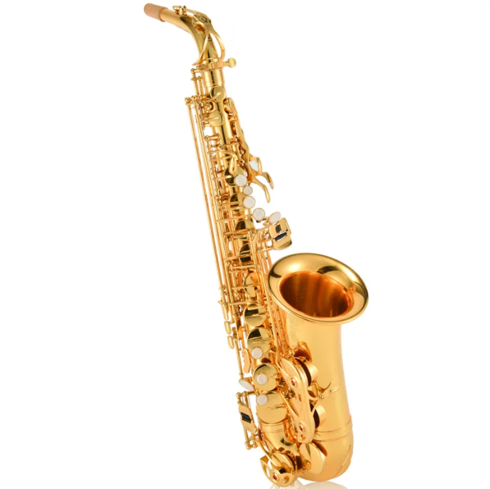 SAXOFON ALTO ADARA, DE LATON COLOR DORADO, CON ESTUCHE  NEGRO Y ACCESORIOS