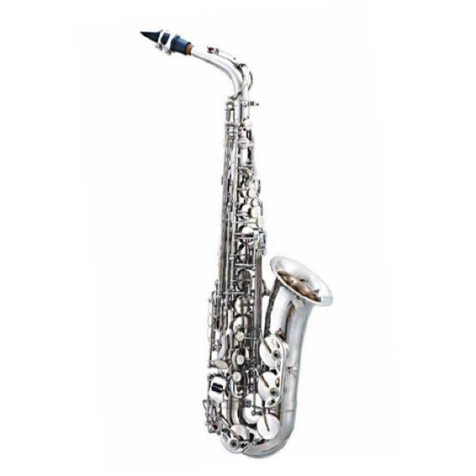 SAXOFON ALTO ADARA, DE LATON COLOR NIQUELADO, CON ESTUCHE NEGRO Y ACCESORIOS