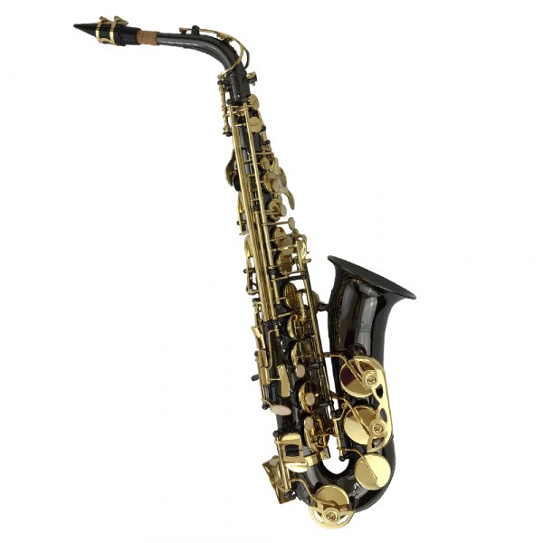 SAXOFON ALTO VIVALDI, NEGRO CON LLAVES DORADO, CON ESTUCHE Y ACCESORIOS