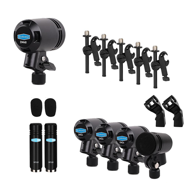 SET DE 7 MICROFONOS ALCTRON, PARA BATERIA, 5 DINAMICOS, 2 CONDENSADOS, DISEÑADOS PARA GRANDES FORMATOS ,CLIPS Y HARD CASE