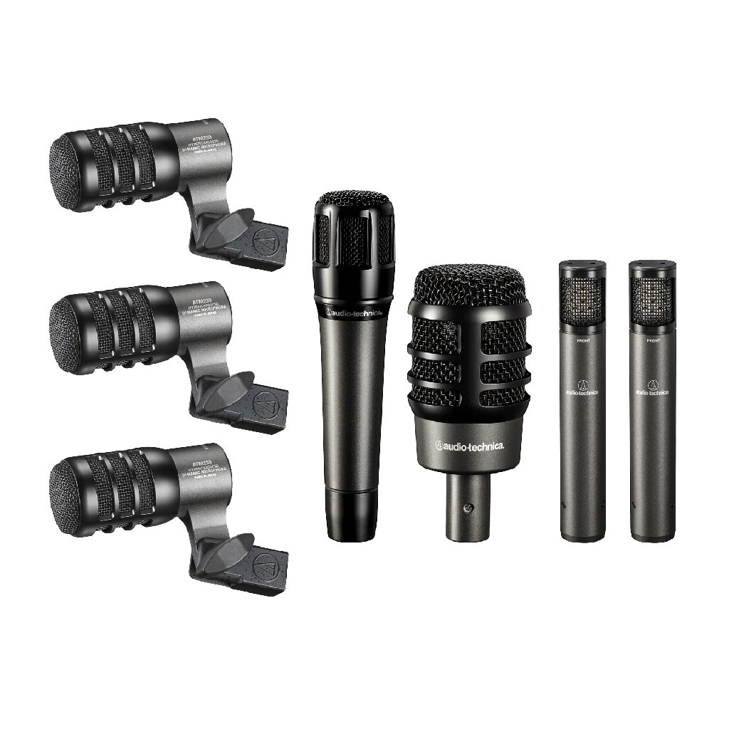 SET DE 7 MICROFONOS AUDIO TECHNICA, PARA BATERIA, 5 DINAMICOS, 2 CONDENSADOS, CON CLIPS INCLUIDOS