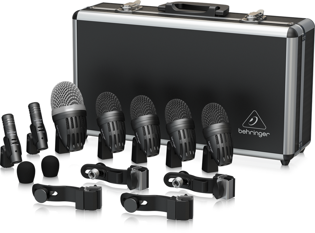 SET DE 7 MICROFONOS BEHRINGER, PARA BATERIA, 5 DINAMICOS, 2 CONDENSADO, CON CLIPS Y ESTUCHE