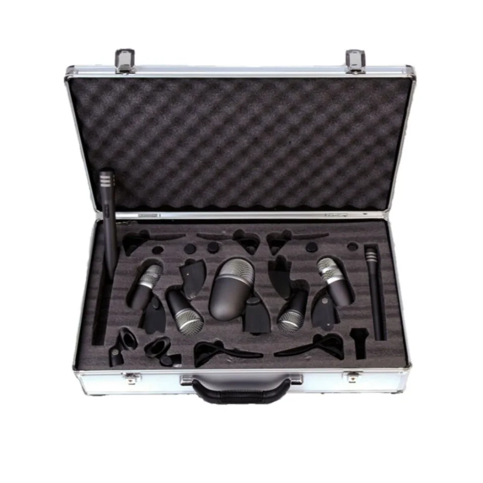 SET DE 7 MICROFONOS LUXSOUND, PARA BATERIA, 5 DINAMICOS, 2 CONDENSADO, CON CLIPS Y ESTUCHE