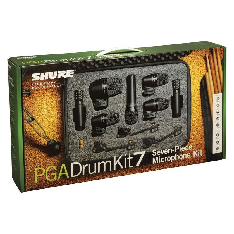 SET DE 7 MICROFONOS SHURE, PARA BATERIA, 5 DINAMICOS, 2 CONDENSADO, CON CABLES, CLIPS Y FUNDA