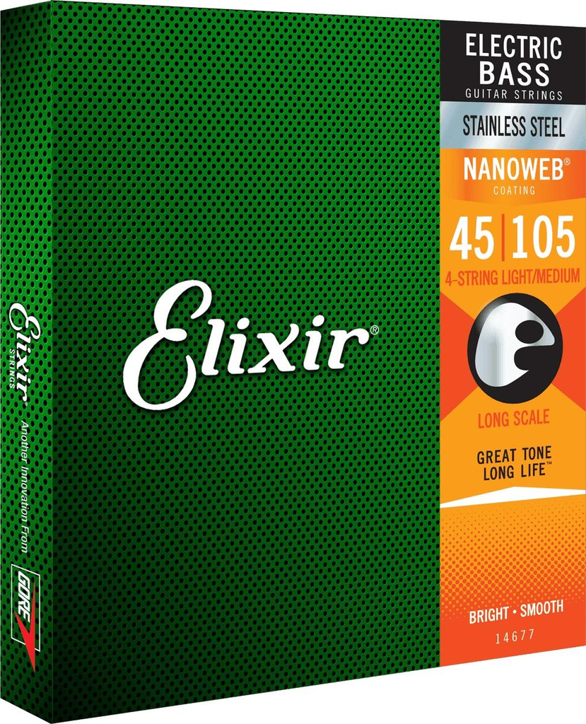 SET DE CUERDAS ELIXIR, NANOWEB COATING, PARA BAJO 4 CUERDAS, METAL, CALIBRE 45/105