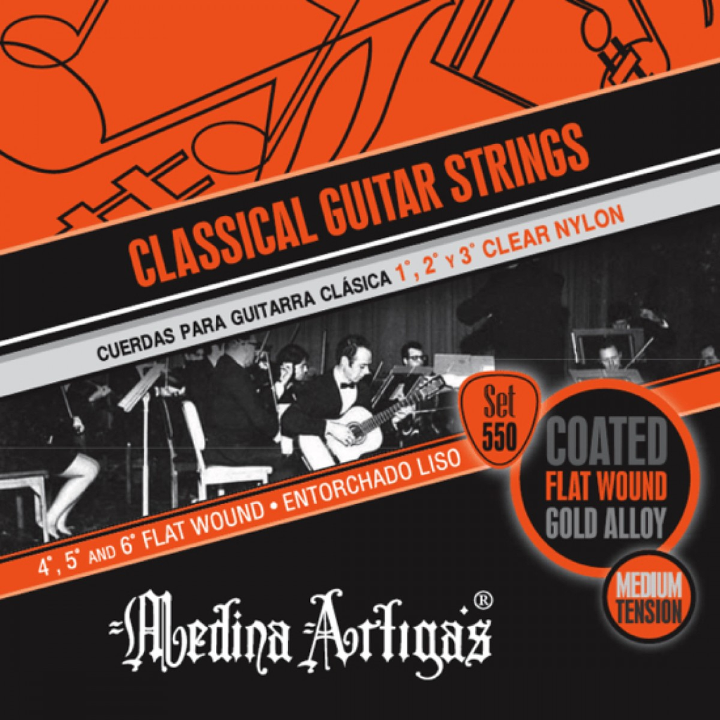 SET DE CUERDAS MEDINA ARTIGAS, PARA GUITARRA CLASICA, NYLON, 1º, 2º,3º NYLON ESPECIAL - 4º,5º,6º ENTORCHADO FLAT NARANJA