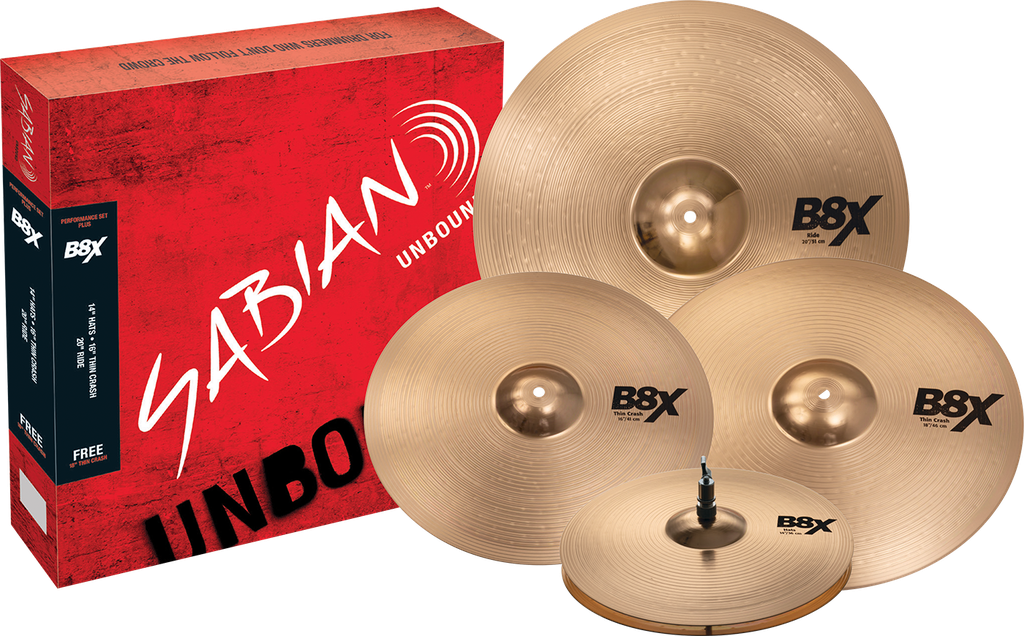 SET DE PLATILLOS SABIAN, SERIE B8X PLUS, MEDIDAS: HI-HAT 14, THIN CRASH 16, RIDE 20, GRATIS THIN CRASH 18