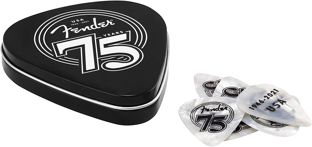 SET DE PUAS FENDER, 75 ANIVERSARIO, 18 UNIDADES, TIPO CELULOIDE PERLADO BLANCA