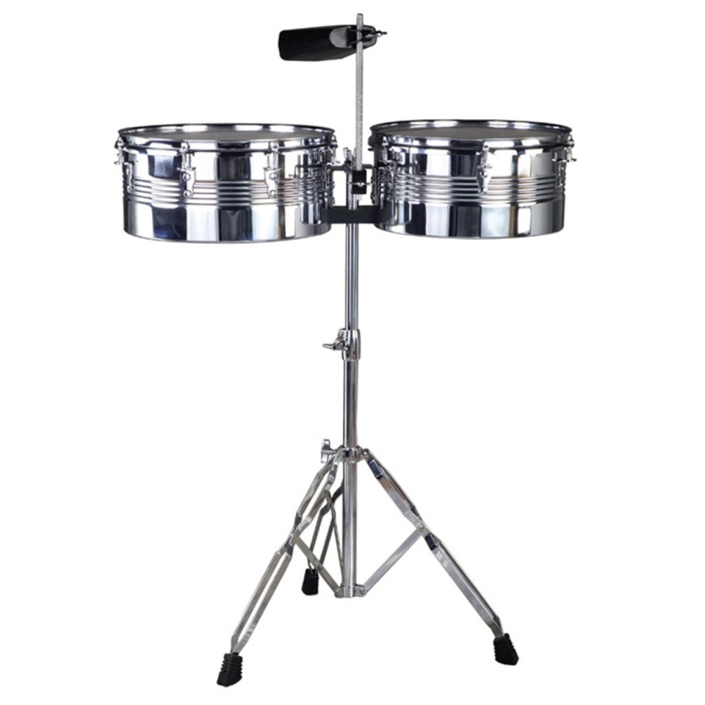 SET DE TIMBALES DVD, CROMADO, 13 X 14 X 6, INCLUYE PEDESTAL Y CENCERRO