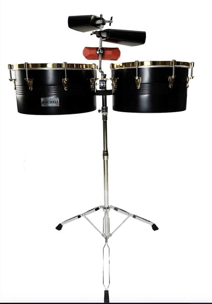 SET DE TIMBALES DVD, NEGRO/ DORADO, 14 X 15 X 8, INCLUYE PEDESTAL Y CENCERRO